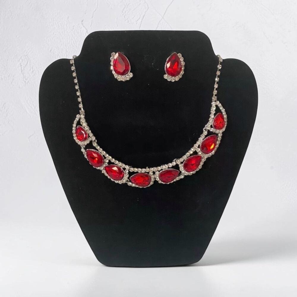 Red Crystal Faux Ruby Statement Necklace Earrings Set Rhinestone Formal Jewelry